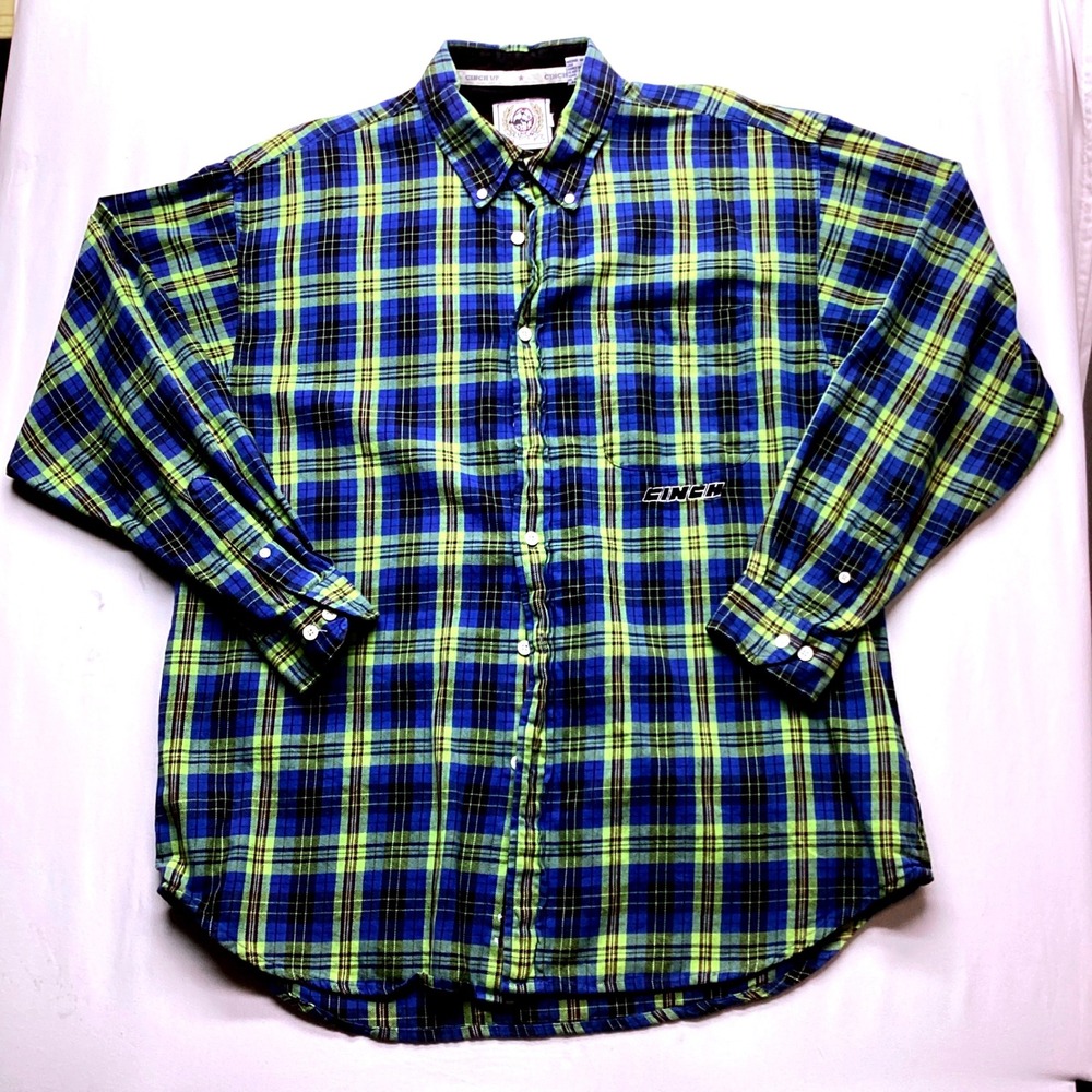Cinch Up Mens Plaid Button Down Shirt Blue Lime Green Long Sleeve Western XL